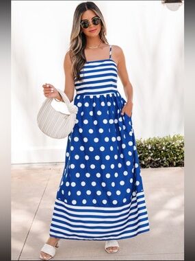 1204. Striped polka dot blue & white maxi  dress - State Of Fashion